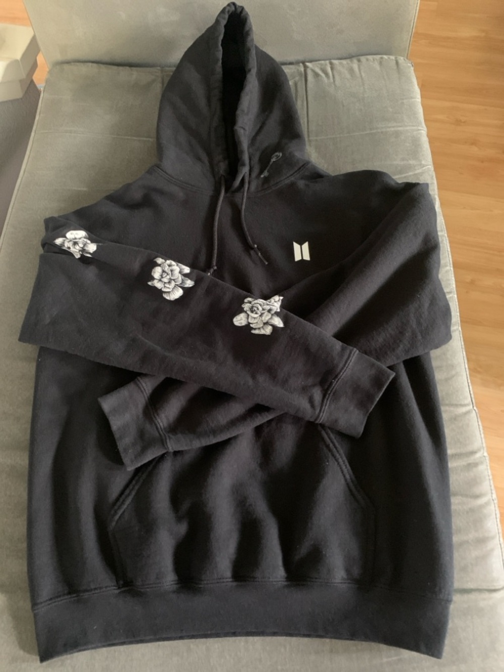 BTS Fake Love Hooded Sweatshirt with White Floral Sleeve Accents - Picture 2 of 12